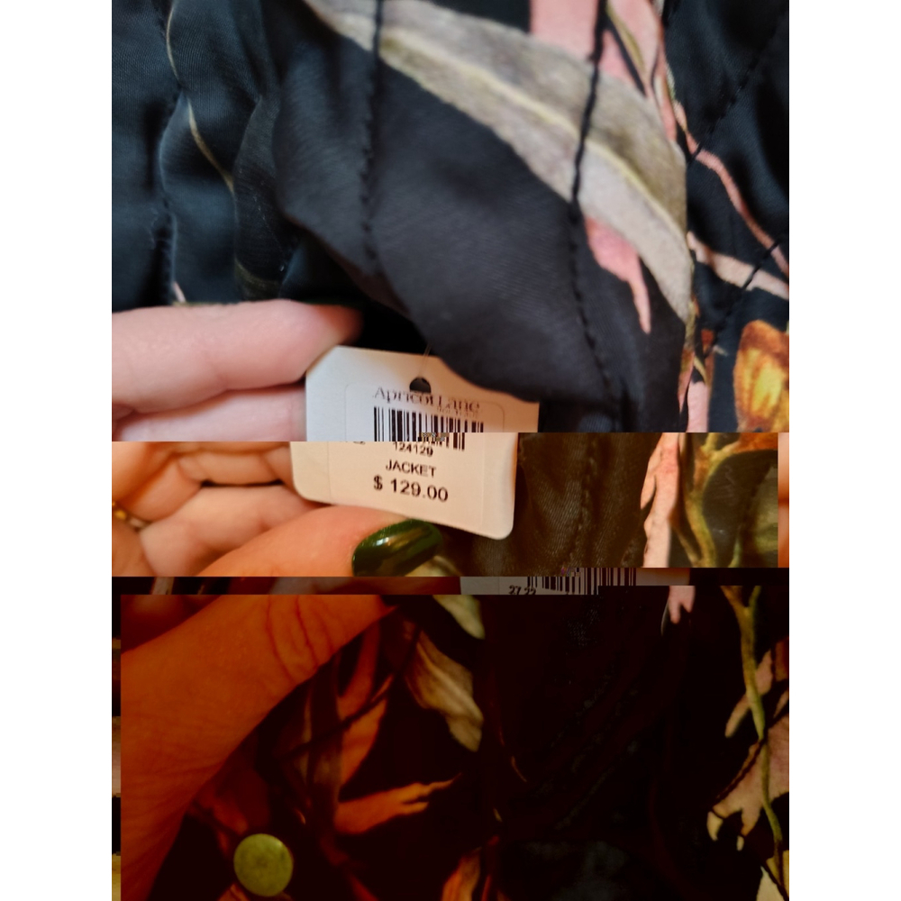 Elan Olive Leaf Bomber Jacket Women S Black Quilted Floral Zip Front Lightweight - Picture 6 of 9